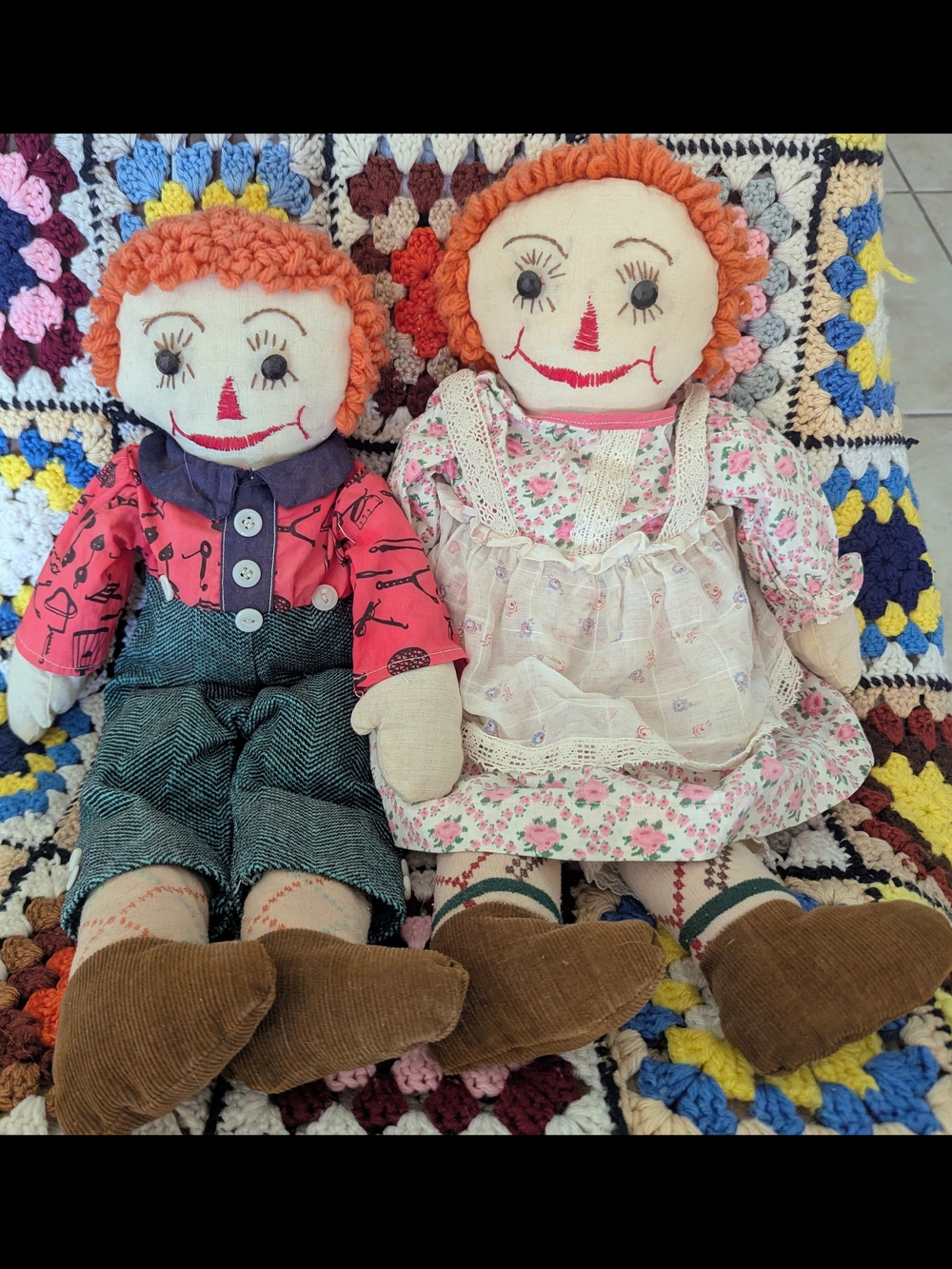 Vintage Ragady Ann & Andy Pair of Rag Dolls with Orange Yarn Hair